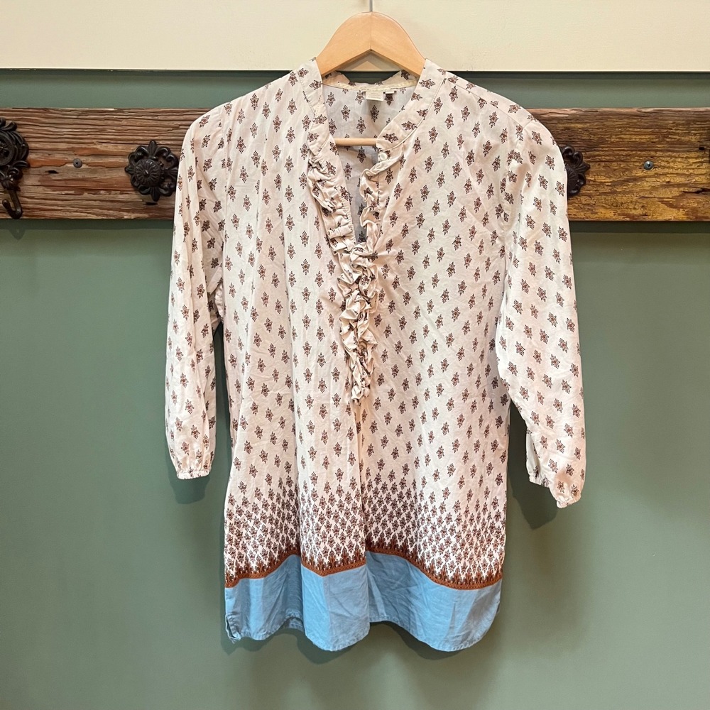 The Territory Ahead Cotton Silk Ruffle V-Neck Tunic Top Cream Brown Blue Medium